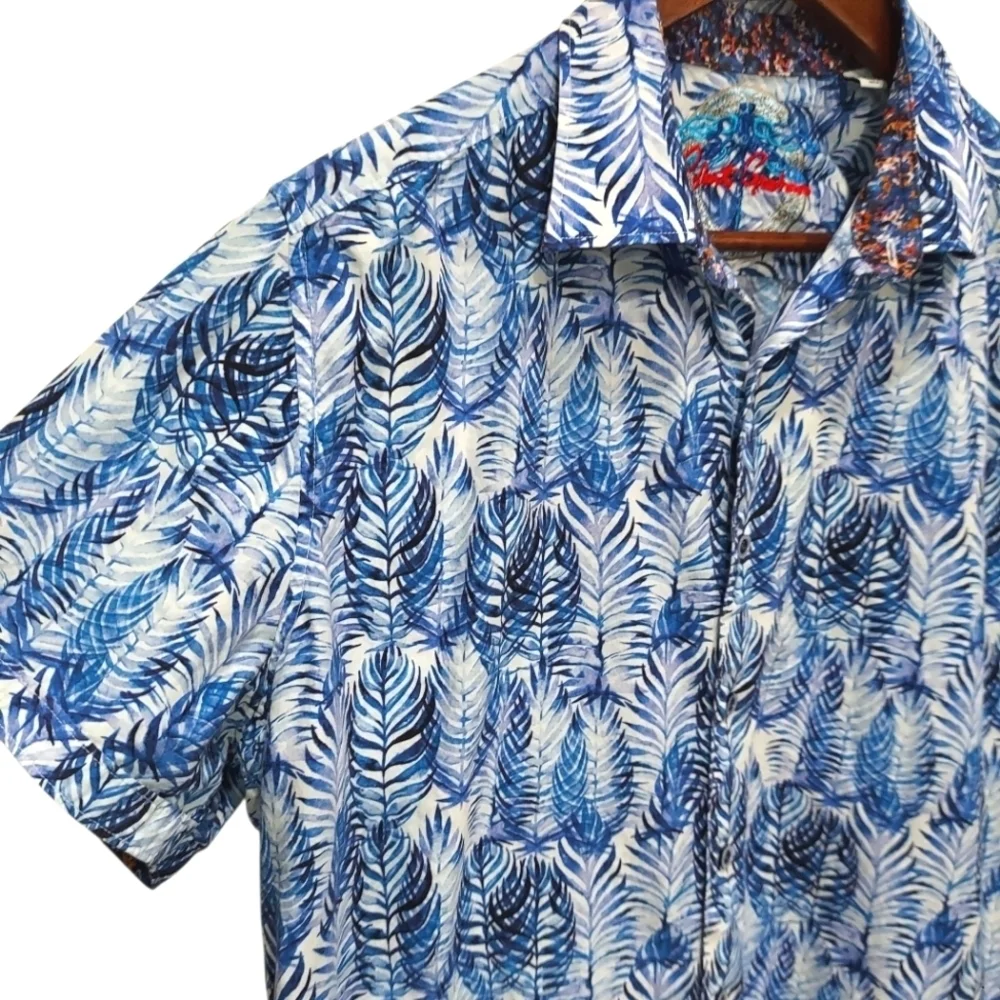 Robert Graham Palm Leaf Print Short Sleeve Button Down Cotton Shirt